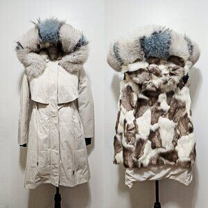New Real Fox Fur-Lined Parka Coat Puffer Jacket Cream White Ivory NoRaccoon Mink
